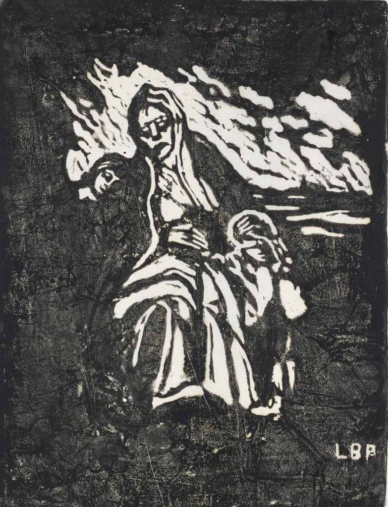 Der Holzschnitt zeigt eine sitzende Frau, die von zwei Kindern flankiert wird. Im Hintergrund ist ein Feuer zu erkennen.
