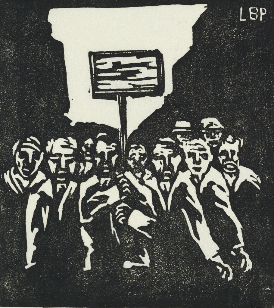 Die Grafik zeigt frontal eine Gruppe streikender Männer, von denen einer ein Schild hochhält.